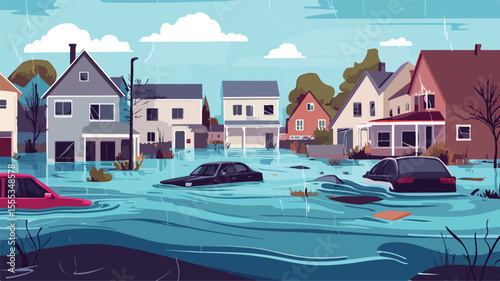 Devastating Flood Disaster Submerging City - Aerial View Illustration
