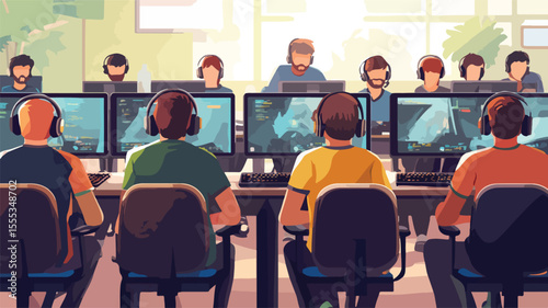 Professional gamers playing video games on computer in gaming setup