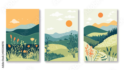 Geometric Cubist Landscape Posters Set in Green Sum Colors