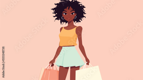 Stylish Black Woman Shopping with Bags - Professional Use Image