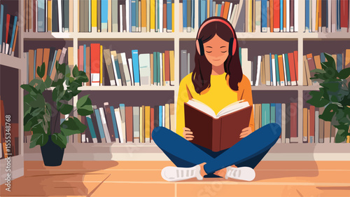 Girl Sitting on Public Floor with Headphones - Urban Lifestyle Stock Image