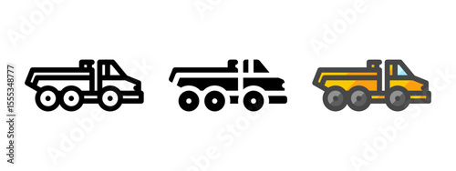 Multipurpose articulated hauler vector icon in outline, glyph, filled outline style. Three icon style variants in one pack.