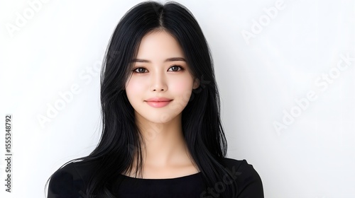 Portrait of a young Asian woman with long black hair, wearing a black top, smiling softly against a white background
