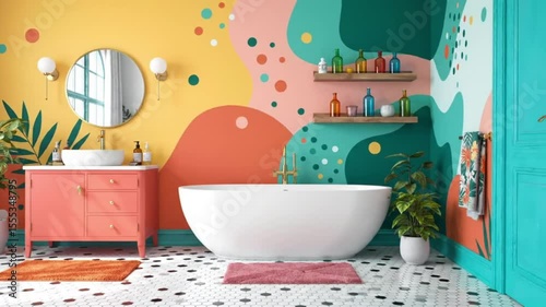 View of a colorful bathroom with a white tub, a coral vanity, and a patterned accent wall design