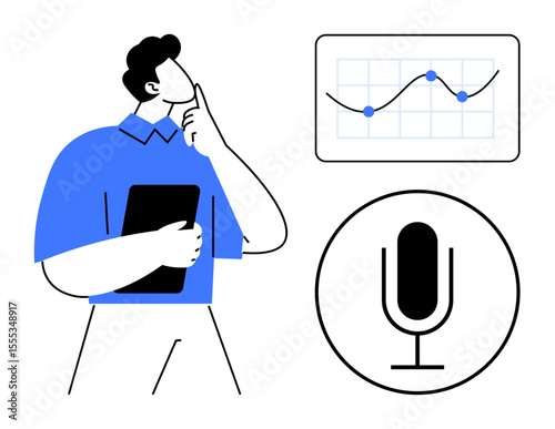 Man holding tablet in thoughtful pose near microphone and graph chart. Ideal for analytics, strategy, decision-making, podcast, communication, innovation, research, simple landing page