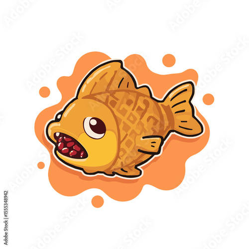 Lucid realism vibrant cartoon illustration of a taiyaki fish dessert on an orange splash background