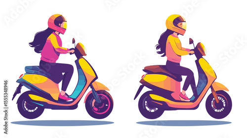 Happy Girl Riding Scooter and Holding Helmet - Professional Outdoor Motorbike Lifestyle Image