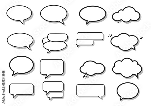 16 speech bubblesthought clouds of various shapes  sizes with black outline and gray shadow