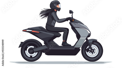 Happy Girl Sitting on Scooter Holding Helmet, Motorbike Adventure