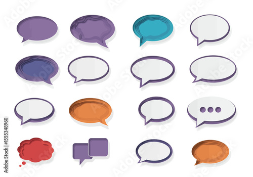 3D speech bubbles of varied designs arranged in a 4x4 grid offering diverse chat bubble styles