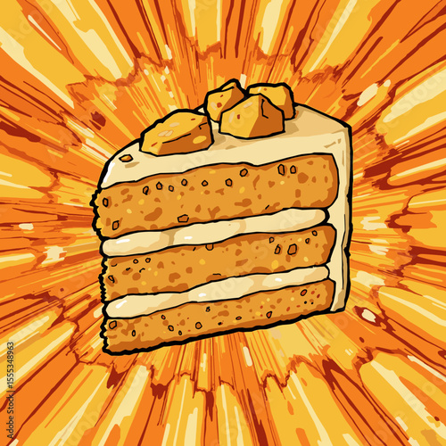 Lucid realism vibrant cartoon illustration of a richly textured layered cake with orange background burst