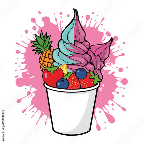 Lucid realism vibrant cartoon-inspired rolled ice cream spirals with fruits in a cup on a pink splash background