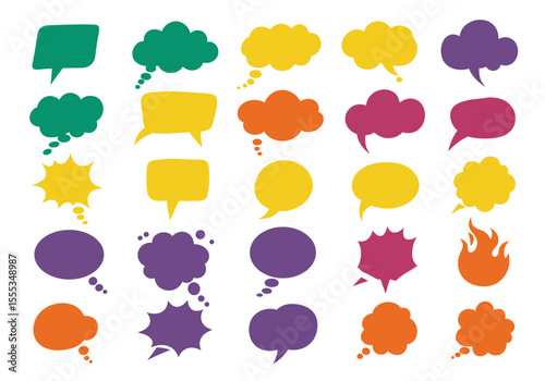 A collection of colorful cartoonish speech bubbles in various shapes scattered across a white background