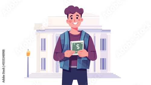 Happy Guy Withdrawing Greenback Banknotes Celebrating Success