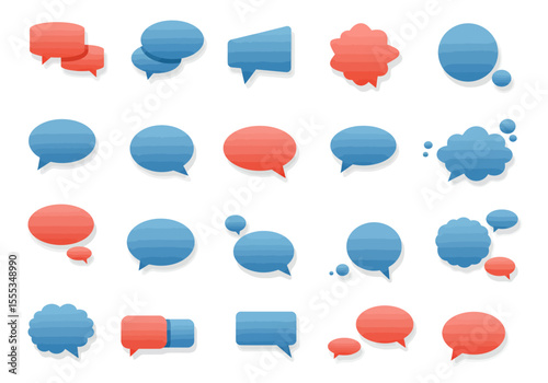 A collection of 20 cartoonstyle speech bubbles in red and blue hues on a white backdrop