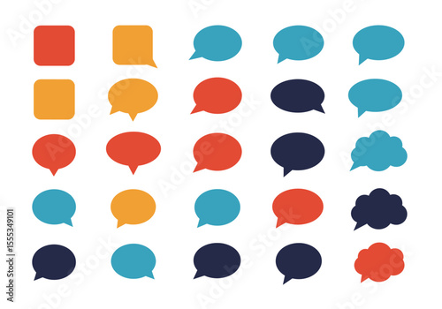 Array of colorful speech bubbles various shapes  sizes displayed on a white background
