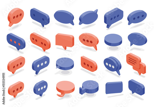 Array of isometric chat bubbles some blue others orange arranged on a white background with soft shadows