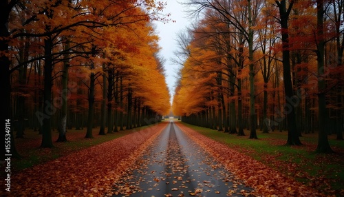 leaves are scattered on the ground in a park with trees,