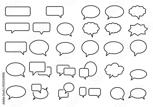 Array of outlined speech bubbles in varying shapes and styles arranged against a plain white background