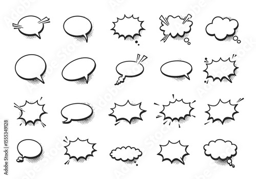 Array of twenty black  white cartoonstyle speech bubbles with varied shapes  halftone dots for shadow
