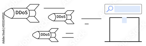 Flying missiles labeled DDoS aiming at a search bar above a server. Ideal for cybersecurity risks, online threats, distributed denial-of-service, digital protection, network errors, IT