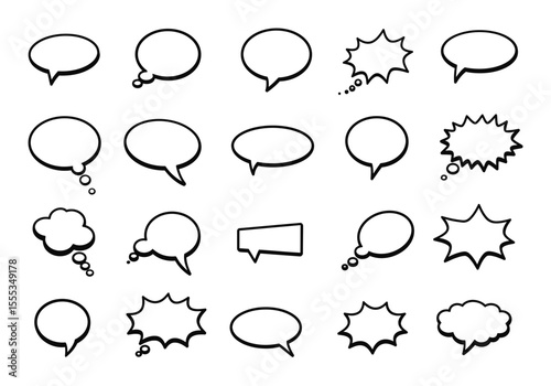 Blackandwhite image of speech bubbles of different shapes and sizes on a white background