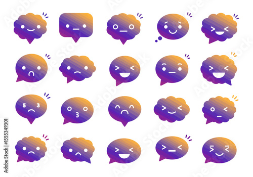 Image of twenty colorful gradient speech bubbles with a variety of smiley faces on a white background