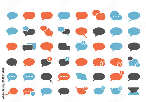 Image shows a collection of varied speech bubbles in shades of blue orange and gray some include numerical indicators
