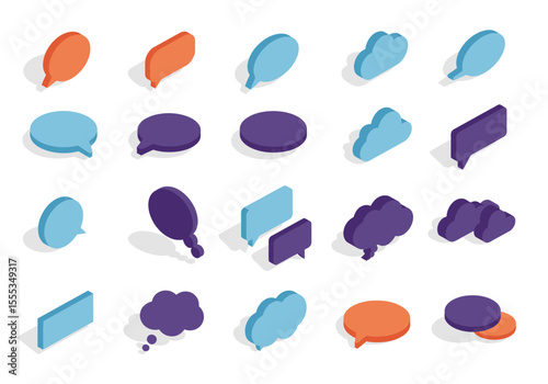 Isometric speech bubbles and clouds in orange blue and purple hues are arranged neatly on a white background
