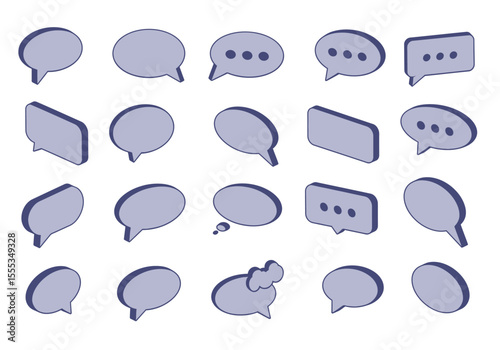 Isometricstyle lavender chat bubbles in various shapes  orientations on a white background