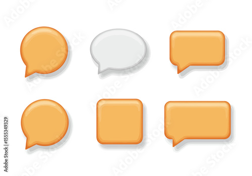 Six cartoon chat bubbles orange and white with drop shadows arranged against a stark white background