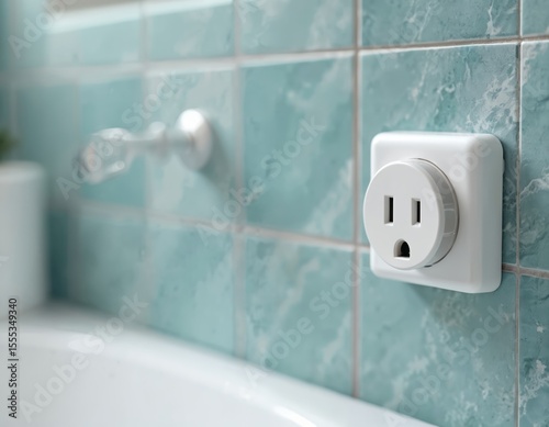 White electric outlet installed in bathroom wall. Protection concept for children, waterproof. Safe electricity, current. Electrical safety, voltage. Home interior, modern tech design, home
