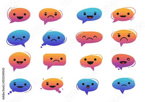 Sixteen speech bubble emoticons display a range of expressions with colorful gradient fills