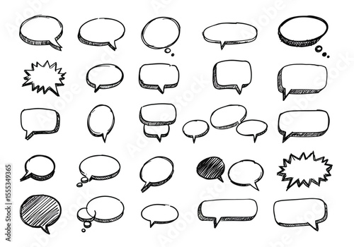 Sketchy blackoutlined speech bubbles various shapes and sizes on a white background