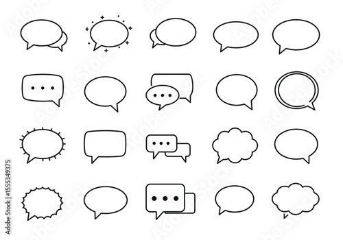 The image shows 20 speech bubbles in various shapes and designs all outlined in black against a white background
