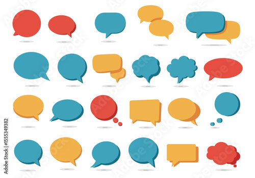 The image shows 21 cartoonish speech bubbles in red blue  yellow spread across a white background each with shadows