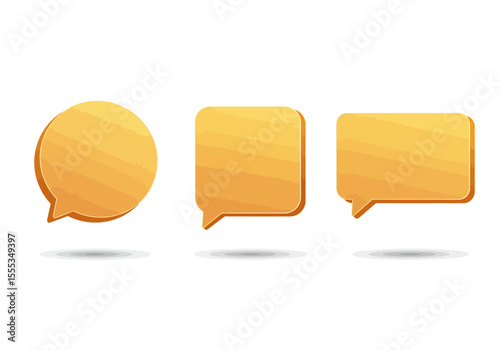 Three goldenyellow cartoon chat bubbles with rounded corners and shadows sit in a horizontal line against a white background