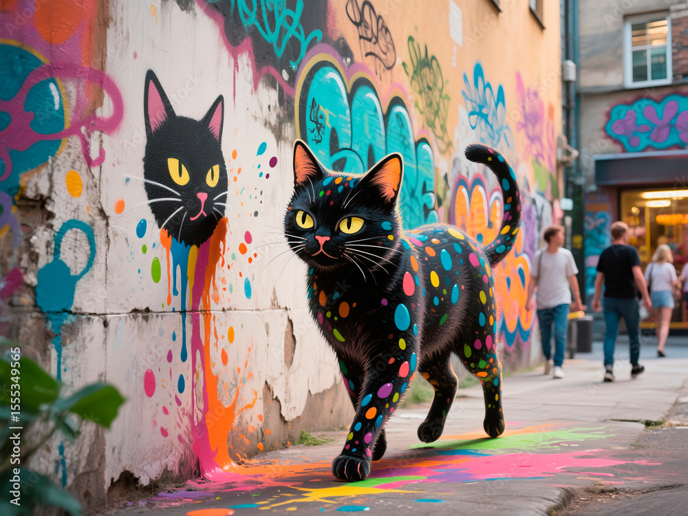 Fototapeta premium Colorful street art featuring a large, vibrant cat with polka dots walking past a graffiti wall, showcasing urban creativity and playful artistic expression in a lively environment