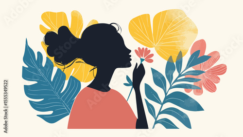 Matisse Art with Tender Woman Smelling Flower - Elegant and Feminine Illustration