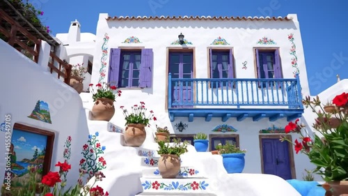 Exterior of a white building with blue accents and flower pots on the steps and balcony area