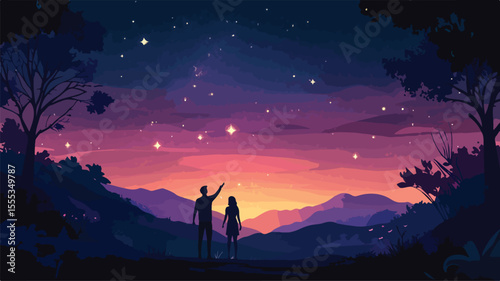 Romantic Couple Looking Up at Night Sky - Stargazing Together