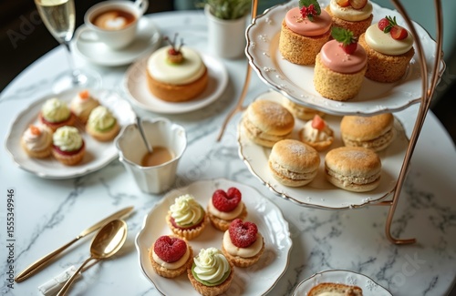 Gourmet cakes mini canapes with coffee, sparkling wine. Afternoon tea party celebration. Selection of delicious treats, snacks. Elegant table setting, luxury dining indoor occasion.