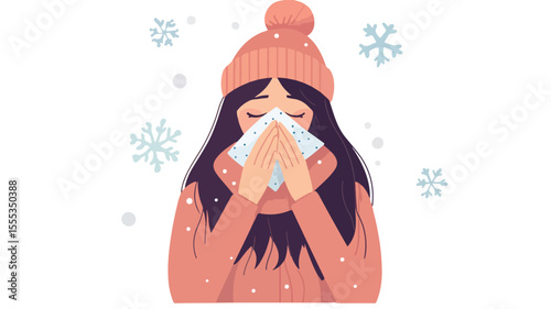 Sick Woman Sneezing with Tissue Covering, Health Concept