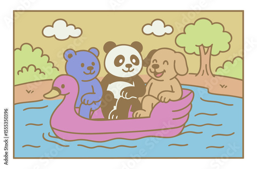 Cute bears on pedal boat colorful and fun illustration