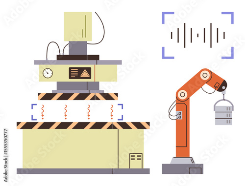 Robotic arm lifting an object beside a modern automated machine system with wires, signals, and control panel. Ideal for automation, robotics, manufacturing, innovation, technology AI Industry 4.0