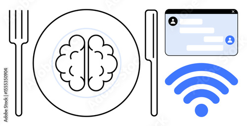 Plate with brain, fork, knife, chat interface, and wireless signal symbolizing technology, creativity, innovation, communication, digital learning connectivity simple landing page