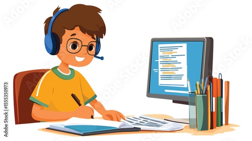 Focused student listening to online lecture with headphones, e-learning concept