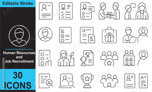 Black and White Outline Vector Icons of Human Resources and Job Recruitment in Linear Style