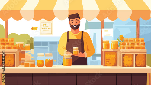 Local Vendor Selling Honey in Jar at Market Display, Organic Natural Sweet Product Concept