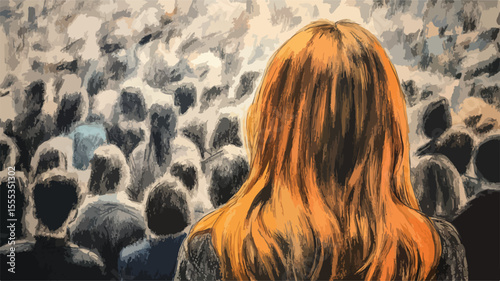 Woman Observing Crowd of People with Kid Drawing in Busy Environment